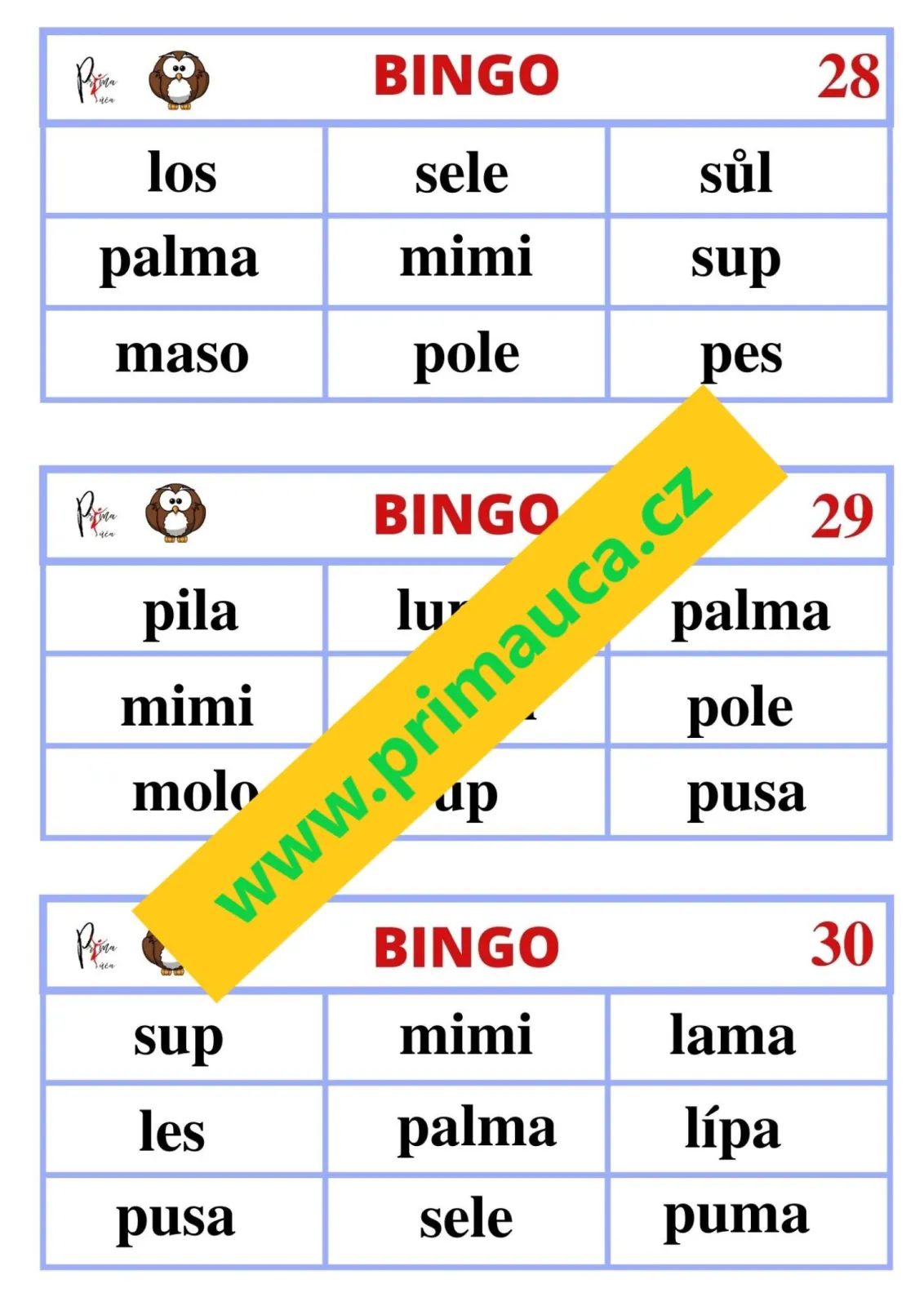 BINGO – ČTENÍ PRVNÍCH SLOV Z PÍSMEN  M-A-L-E-S-O-P-U-I-Y – náhled 2