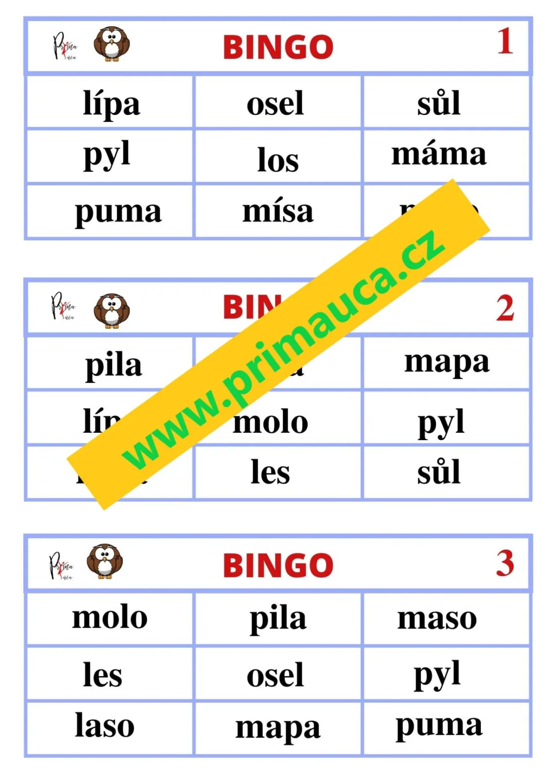 BINGO – ČTENÍ PRVNÍCH SLOV Z PÍSMEN  M-A-L-E-S-O-P-U-I-Y – náhled 3