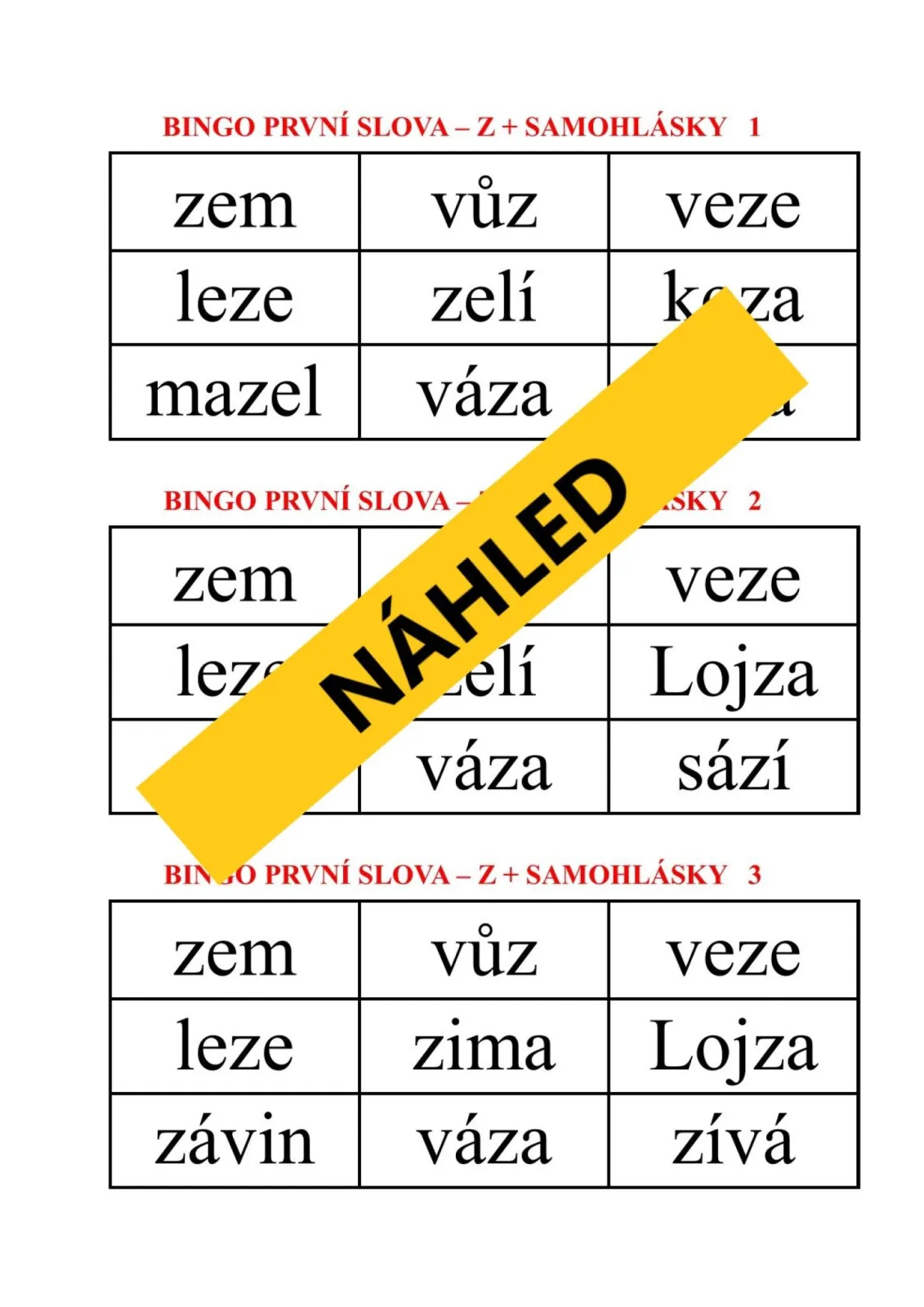 BINGO – ČTENÍ PRVNÍCH SLOV Z PÍSMEN – y, n, z, d + samohlásky – náhled 2