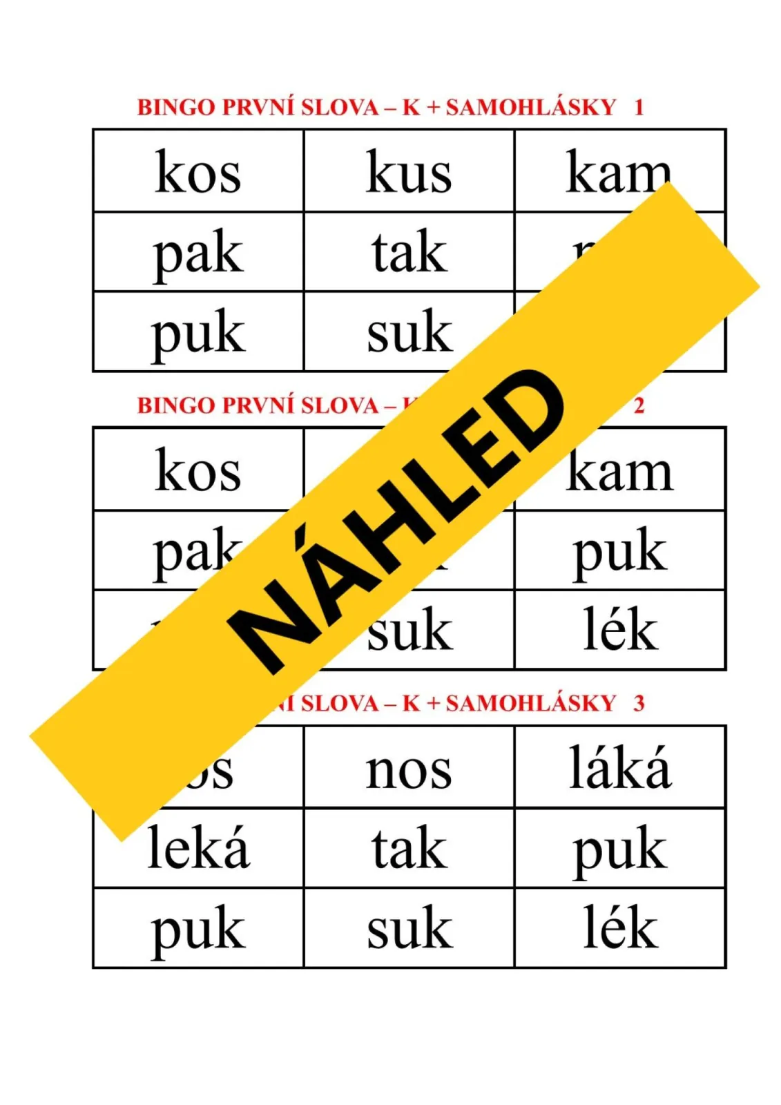 BINGO – ČTENÍ PRVNÍCH SLOV Z PÍSMEN – k, š, r + samohlásky – náhled 2
