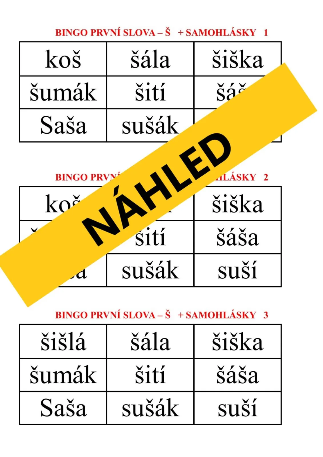 BINGO – ČTENÍ PRVNÍCH SLOV Z PÍSMEN – k, š, r + samohlásky – náhled 3