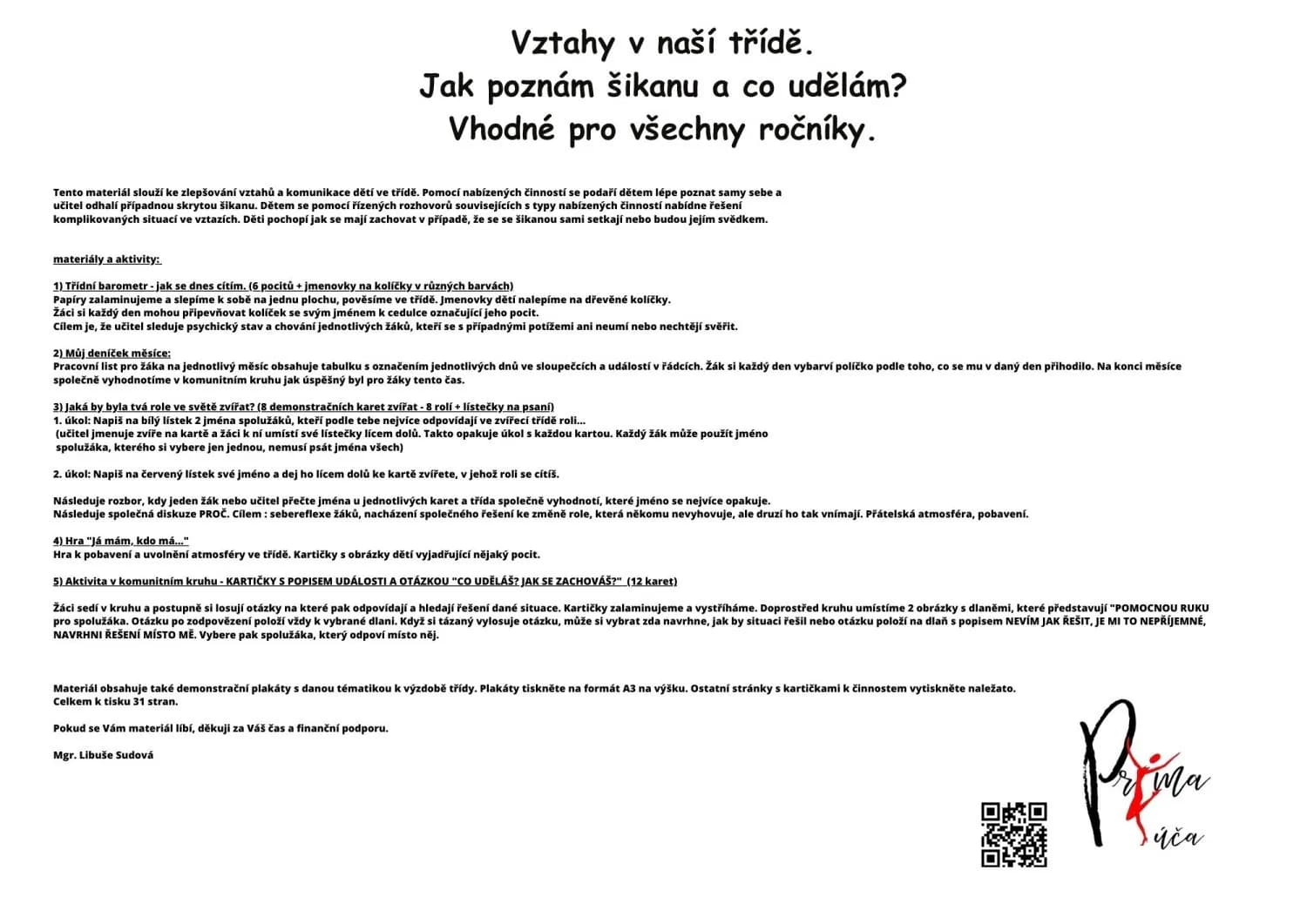 Vztahy v naší třídě. Jak poznám šikanu a co udělám? 5 aktivit mimo lavice. – náhled 7