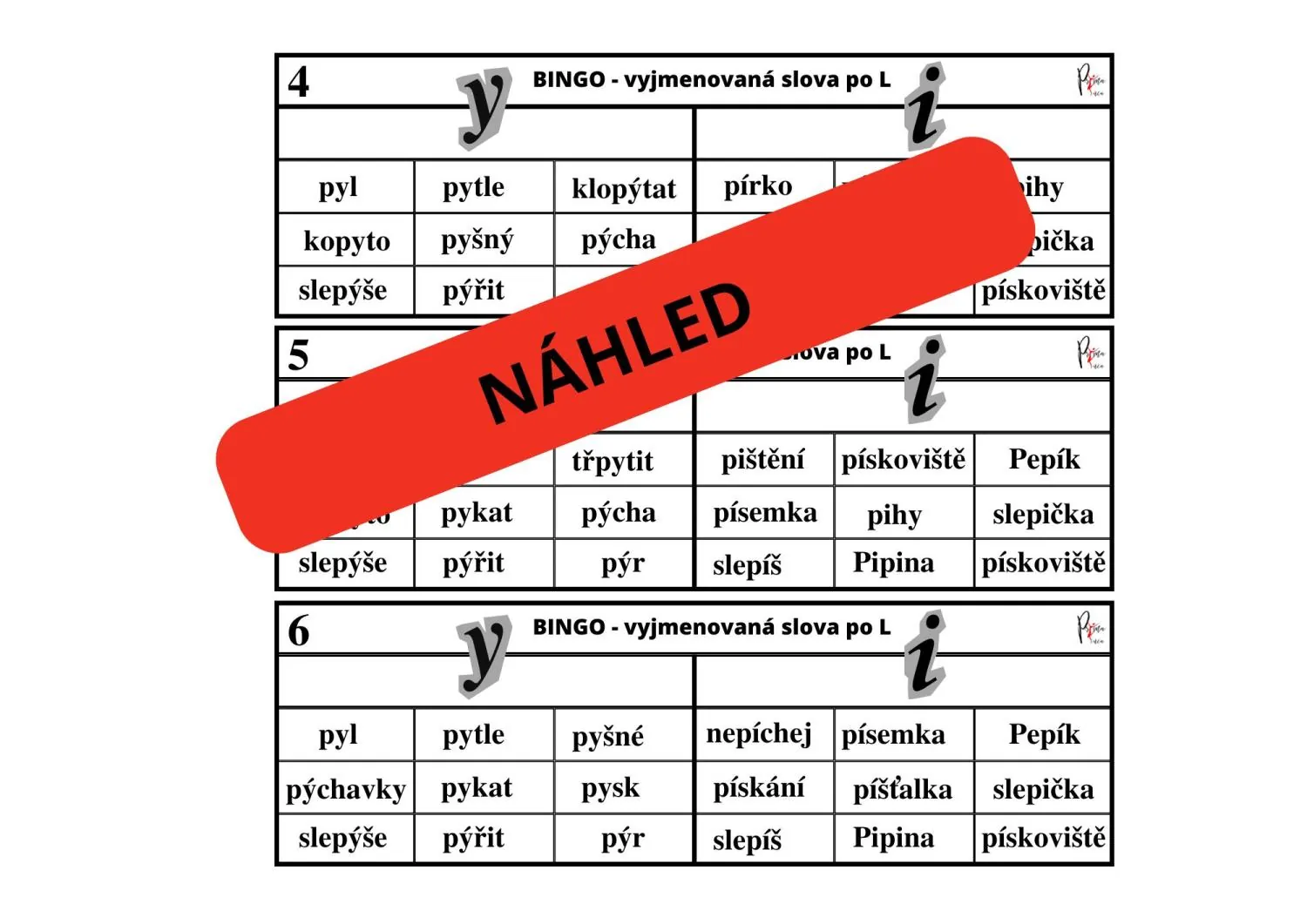 VYJMENOVANÁ SLOVA PO P - DUOBINGO - HRA K PROCVIČENÍ - 4. SADA – náhled 3