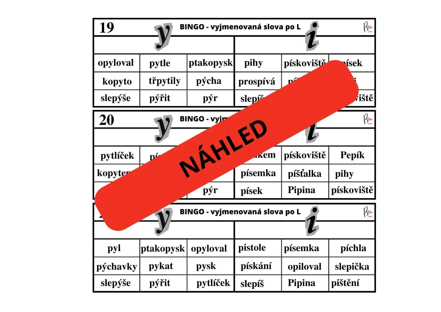 VYJMENOVANÁ SLOVA PO P - DUOBINGO - HRA K PROCVIČENÍ - 4. SADA – náhled 4