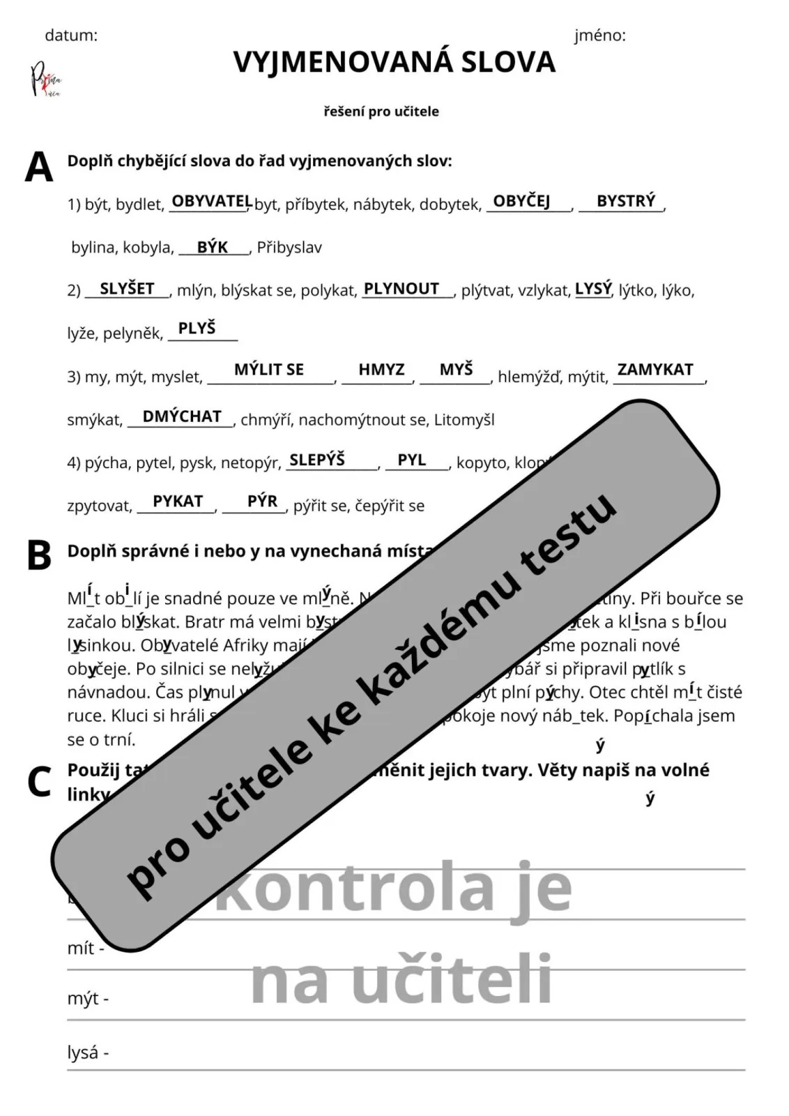 Vyjmenovaná slova, věty, význam slov, slovní druhy - POLOLETNÍ PÍSEMNÉ PRÁCE – náhled 2