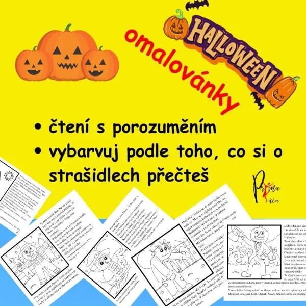 Halloweenské čtení s porozuměním s omalovánky.