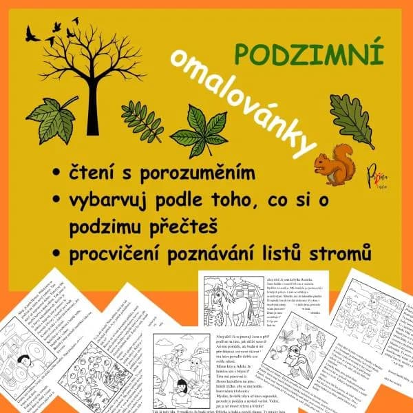 PODZIMNÍ ČTENÍ S POROZUMĚNÍM S OMALOVÁNKY - Přečti si pozorně a vybarvuj!