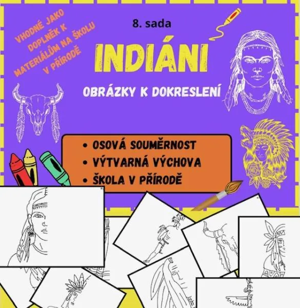 INDIÁNI - OBRÁZKY K DOKRESLENÍ - OSOVÁ SOUMĚRNOST - 8. sada